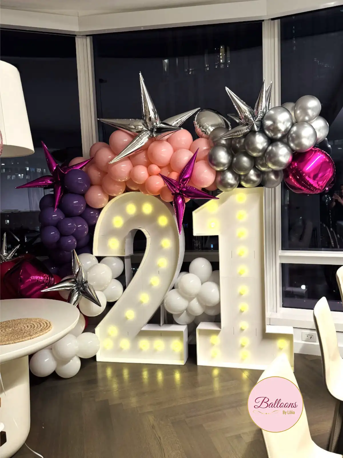 21st Pink Purple Silver Balloon Garland