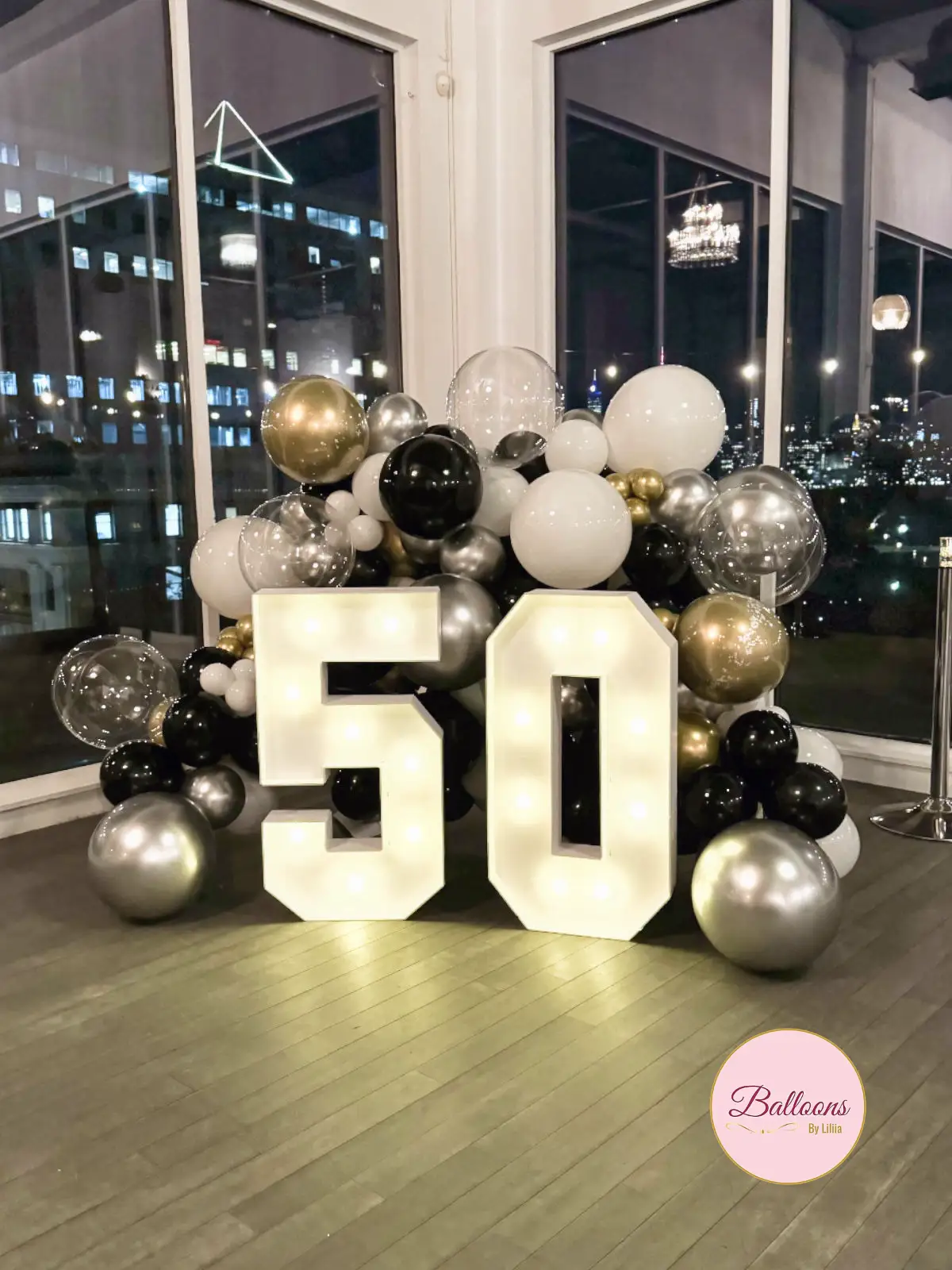 50th Birthday Balloon Bouquet Black White Gold