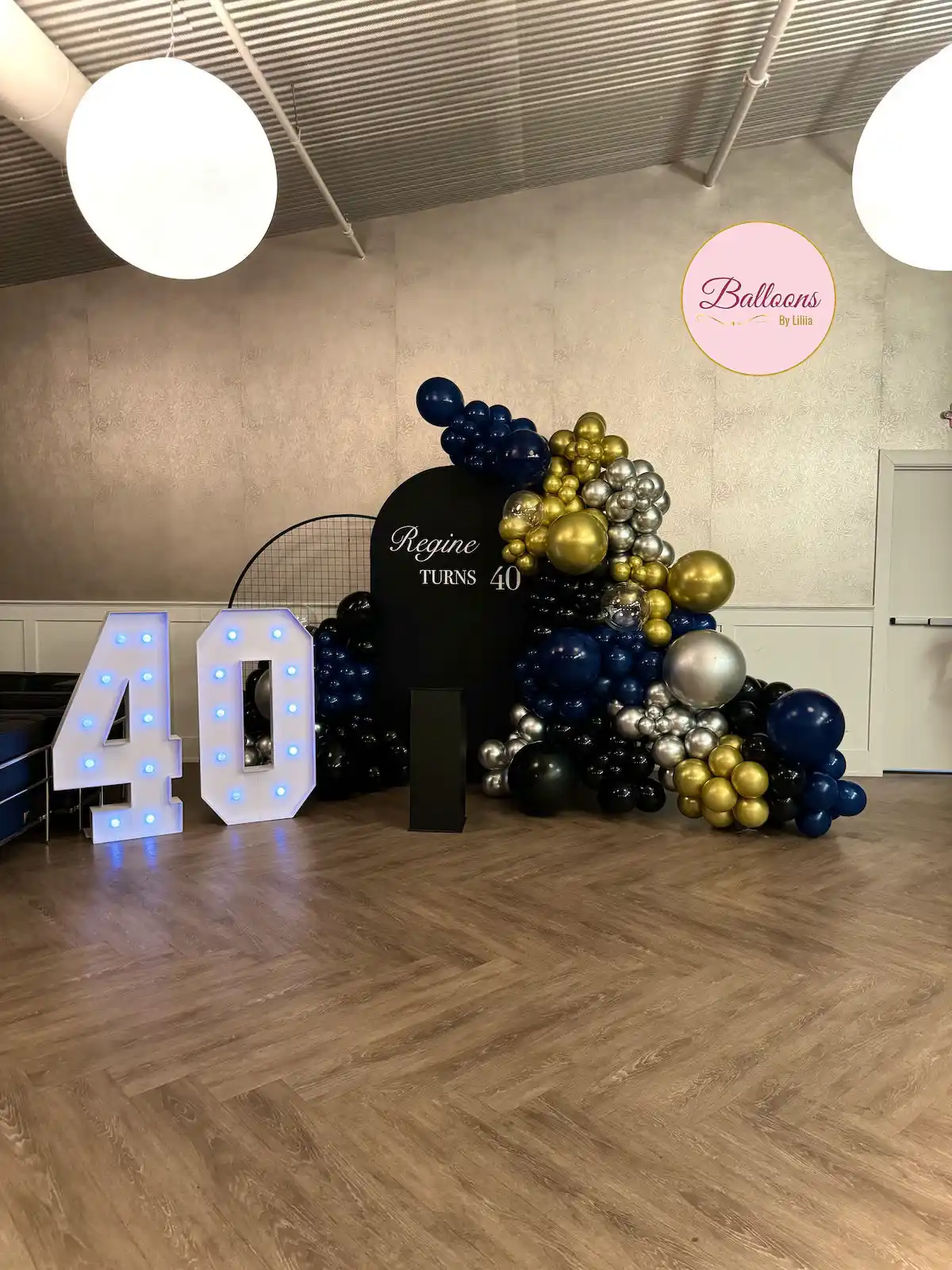 40th birthday balloon backdrop with black gold theme